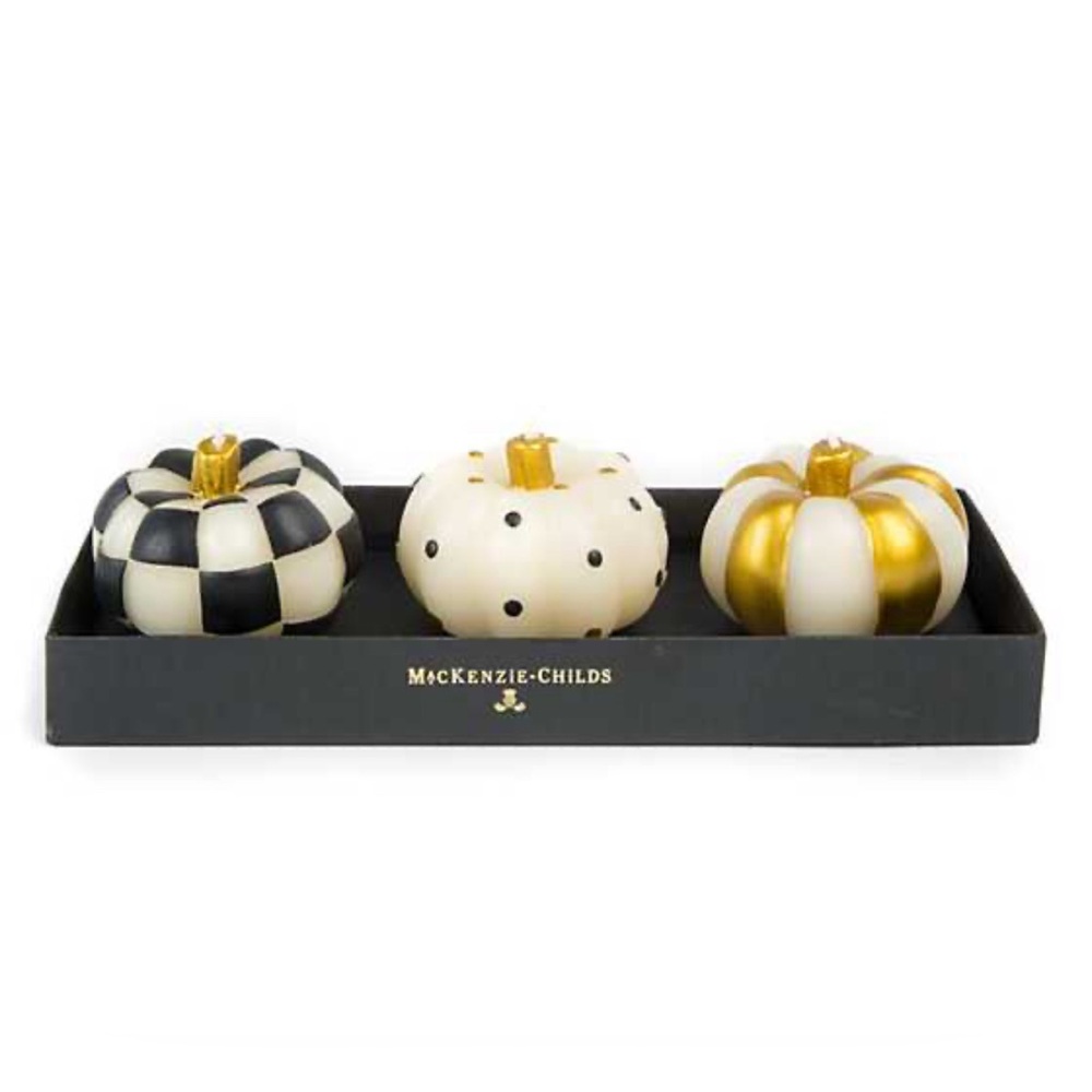 New In Box MacKenzie Childs Mini Pumpkin Candles - Black & Gold - Set Of 3
